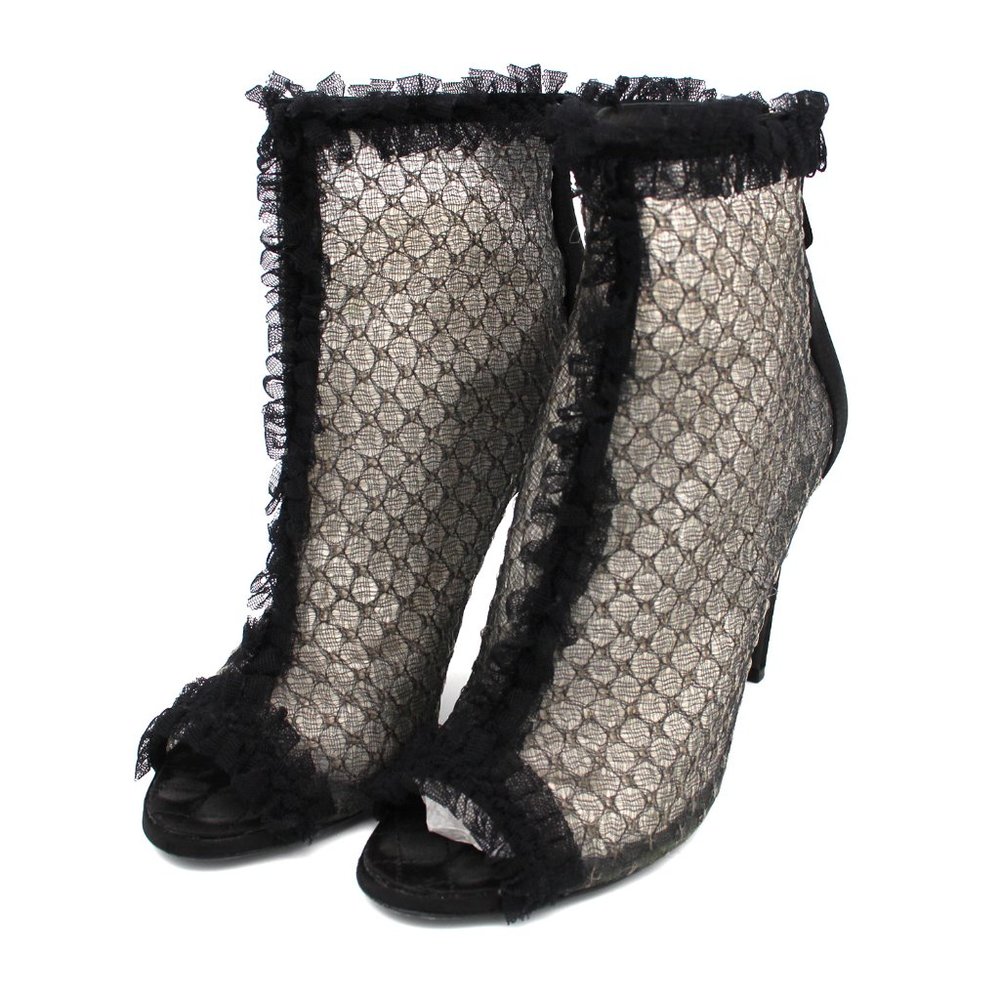 CHANEL Black Sheer Lace Peep Toe Ruffle Lace Trim Heeled Ankle Bootie Shoe 38.5 - Picture 2 of 10